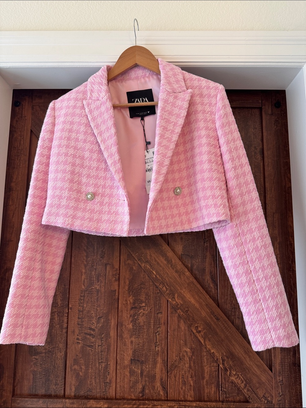 Zara Light Pink Cropped Tweed Blazer